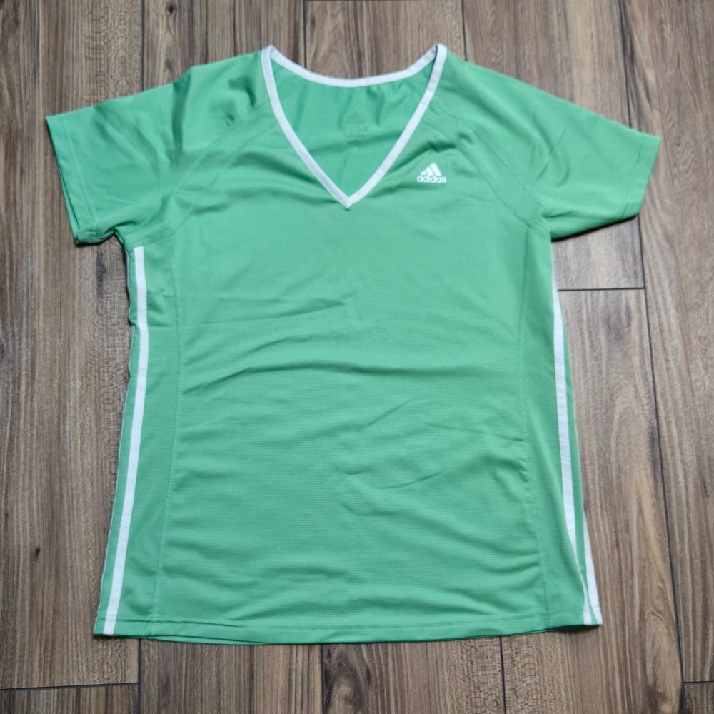 Adidas Womens Green V-Neck Short Sleeve Activewear Mesh Top Three Stripe M-L